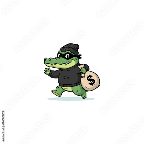 Cartoon alligator thief wearing a black mask and carrying a money bag.