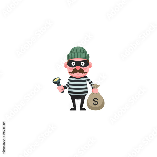 Cartoon thief with a bag of money and a flashlight