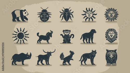 Rustic Wild Animal and Sun Symbol Silhouettes Collection. Retro Nature Icons for Wildlife, Fauna, and Vintage Graphic Design.