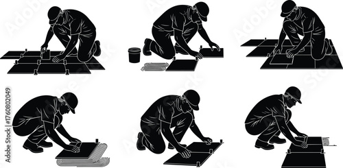 Silhouette vector illustration of construction workers installing and aligning floor tiles with adhesive, trowel, repair, renovation, labor, building, and home improvement