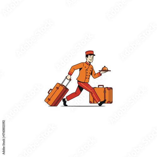 Hotel porter in uniform with luggage and tray running forward.