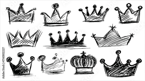 Collection of hand-drawn sketch crowns, vector illustrations in doodle style. Royalty, success, power, and leadership concept elements.