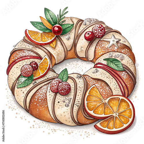 Hand-Drawn Sketch of Rosca de Reyes with Fruit Slices and Sugar – Traditional Epiphany Bread Illustration (Isolated PNG)