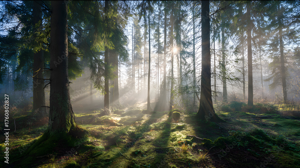 Fototapeta premium Sunlight filters through tall trees in a misty forest at dawn