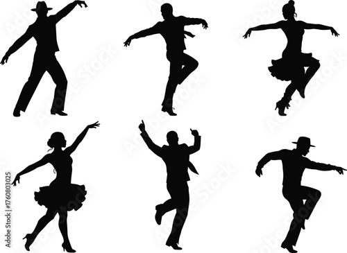 Silhouette dancers, ballroom dance, Latin dance, couple dancing, elegant movement, vintage style, jazz swing, tango rhythm, salsa performance, dance illustration