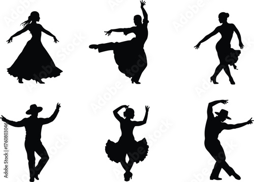 Silhouette dancers, flamenco dance, ballroom movement, Latin style, folkloric performance, traditional costumes, expressive poses, cultural art, energetic choreography, stage illustration