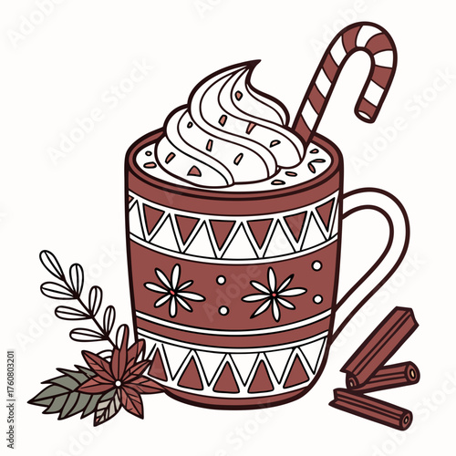 Festive Cocoa Delight: An illustration depicts a cozy mug brimming with rich, creamy hot cocoa, topped with whipped cream, festive sprinkles, and a candy cane. alongside.