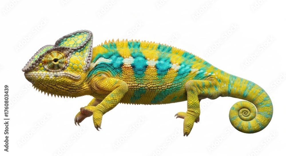 Obraz premium Colorful chameleon, yellow and turquoise stripes, isolated on white background
