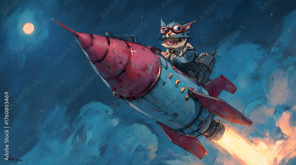 Obraz premium Cat in Goggles Riding a Rocket Through a Starry Night Sky