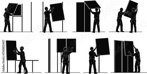 Silhouette vector illustration of construction workers installing large wall panels with teamwork, lifting, positioning, repair, renovation, labor, building, and industry