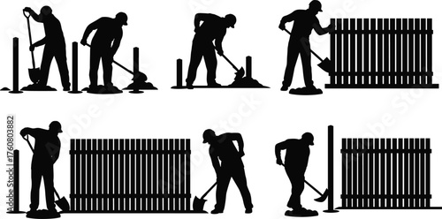 Silhouette vector illustration of construction workers installing wooden fence with posts, slats, shovel, concrete, repair, carpentry, renovation, labor, and building