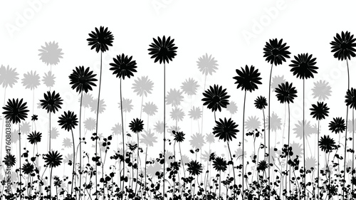 Abstract black and white floral pattern with stylized flowers, elegant monochrome design, and subtle depth effect on white background.