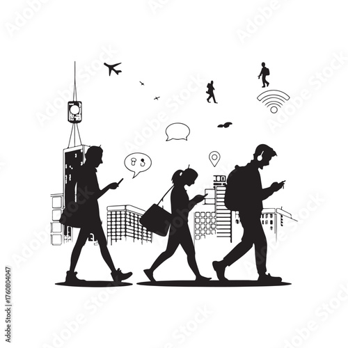 Silhouettes of people walking in a city with smartphones and technology icons Keywords: silhouette, people, walking, city, smartphone, technology, communication, connection, urban, modern, life