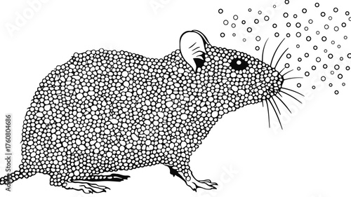 Black and white line art illustration of a textured mouse emitting abstract circles from its nose, a unique rodent drawing.