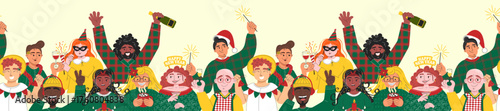 Horizontal border pattern with happy New Year people celebrating party