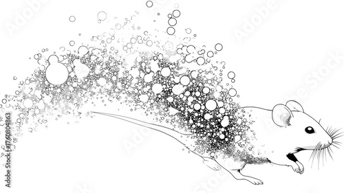 Abstract illustration of a mouse dissolving into particles, representing science, data disintegration, digital transformation, or ephemeral life.