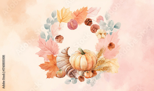 Watercolor wreath with fall leaves, pumpkin, and cornucopia on a pastel background, clipart. Thanksgiving Day. Pink pastel background.