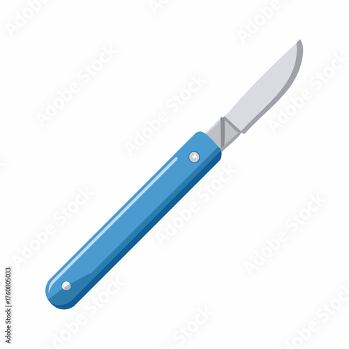 Illustration of a pocket knife with a blue handle and silver blade viewed from a slight angle