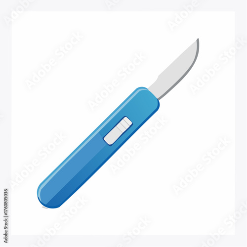 Utility knife with blue handle and sharp blade, isolated on white background, viewed from directly above