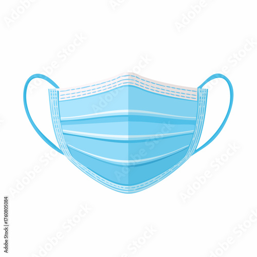 A blue medical face mask is viewed from the front on a plain background
