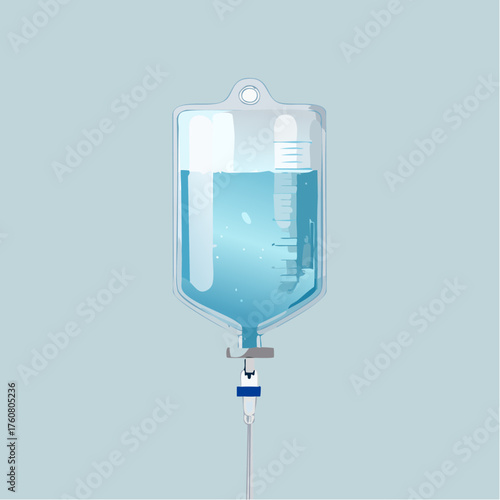 Medical IV fluid bag suspended with clear liquid and tube against a soft blue background viewed from the front