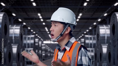 Wallpaper Mural Close Up Side View Of Ondering Asian Male Engineer With Safety Helmet Saying Why Working Doubtfully with Stacks of Huge Metal Steel Coils Torontodigital.ca