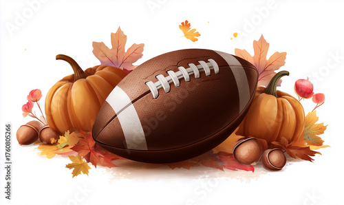 An illustration of an American football, pumpkins , and autumn leaves in the background on a white background. Thanksgiving Day.