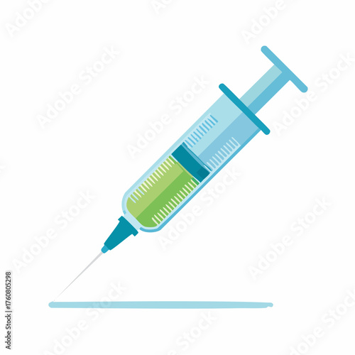 Medical syringe with green liquid being held ready for injection viewed from a slight angle