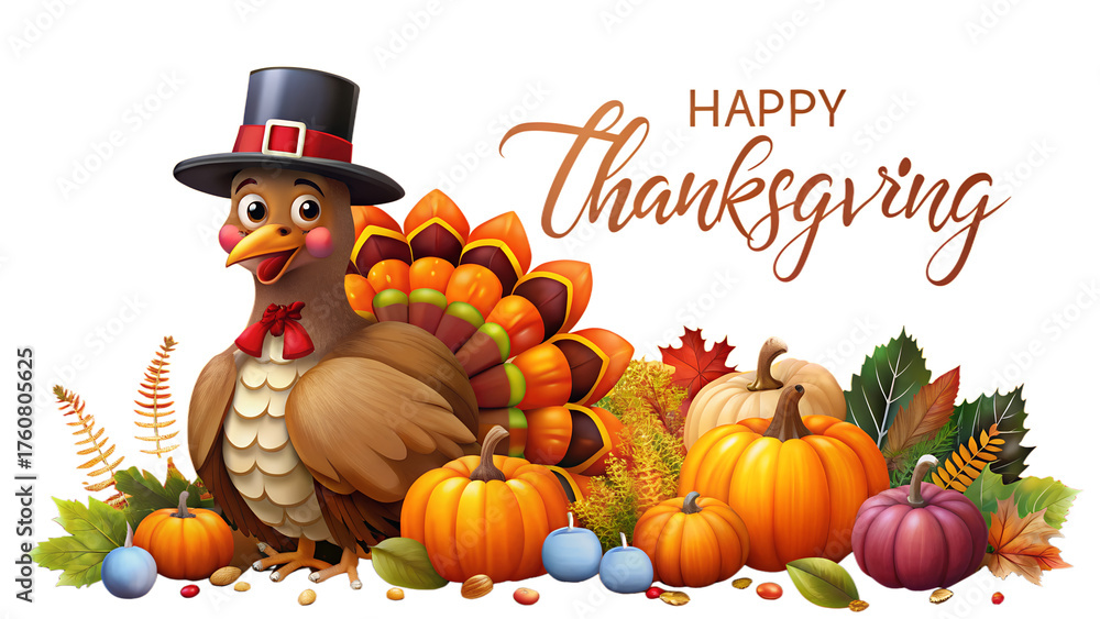 Naklejka premium Happy thanksgiving greeting with a cartoon turkey and pumpkins, isolated on transparent background