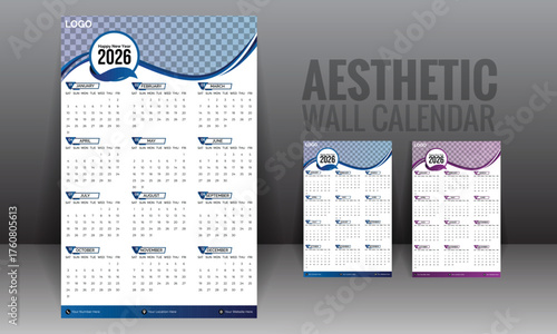 Modern and futuristic wall calendar design template of 2026, one page view of all months and dates. With the combination of organic & geometric shapes and gradient color to create an abstract look.
