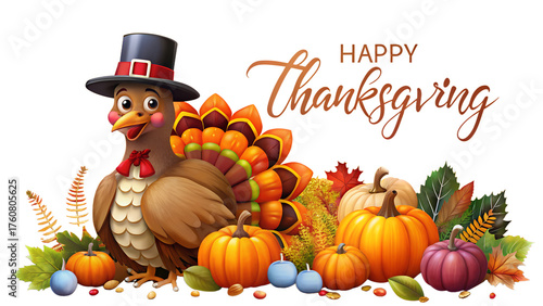 Happy thanksgiving greeting with a cartoon turkey and pumpkins, isolated on transparent background