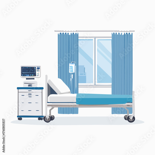Hospital room interior with medical equipment and bed near window with blue curtains