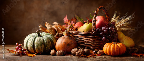 Festive autumn still life with pumpkins, basket with apples, berries, nuts, pears, rye ears on wooden surface on brown background with copy space. Concept of autumn harvest, happy Thanksgiving day