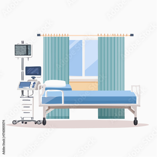 Hospital room with medical equipment and bed near window with blue curtains from a frontal viewpoint