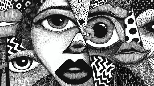 Surreal abstract black and white illustration of fragmented faces, expressive eyes, and lips with geometric patterns and textures, artistic collage