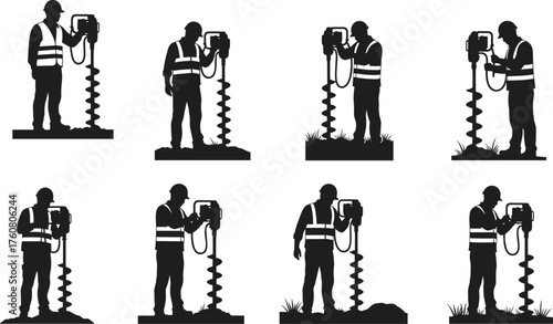 Silhouette vector illustration of construction workers operating auger drill machine with safety gear, teamwork, ground drilling, engineering, labor, industry, and infrastructure