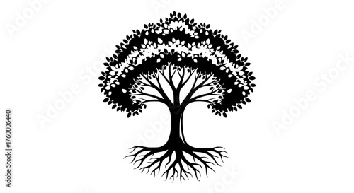 Symbolic Silhouette of a Mighty Tree with Deep Roots and Abundant Foliage