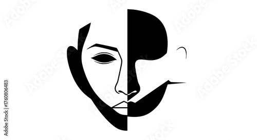 Abstract Duality of Human Face Depicted Through Bold Contrasting Halves