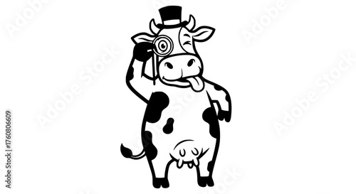 Dapper Cow Wearing Top Hat and Monocle with Tongue Out