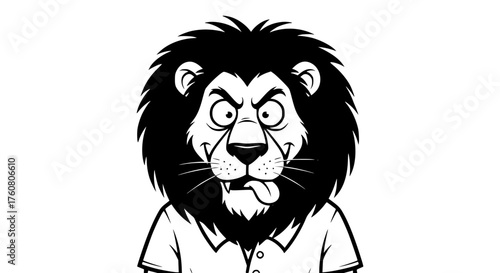 A cartoon lion with a big mane and a shirt sticking its tongue out