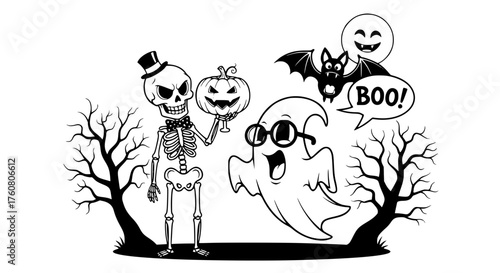 Spooky Halloween friends celebrating with pumpkins and bats