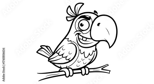 Funny cartoon parrot with a big beak perched on a branch