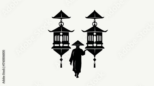 Traditional Asian lanterns and a person in a conical hat, walking. Black and white vector illustration of East Asian culture.