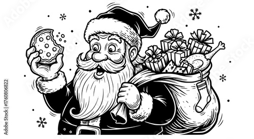 Santa Claus Eating a Cookie with His Gift Bag
