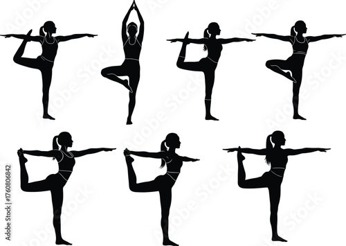 Yoga silhouette, balance pose, dancer posture, tree pose, fitness exercise, meditation practice, flexibility training, wellness lifestyle, spiritual discipline, body strength