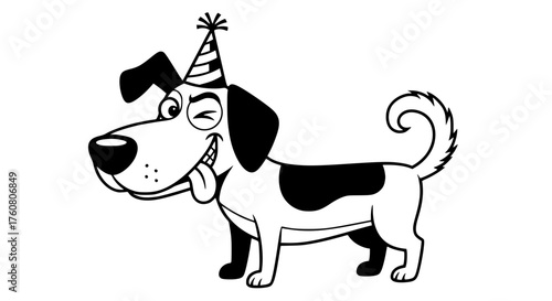 Funny Winking Cartoon Dog Wearing a Birthday Party Hat
