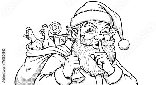 Mischievous Santa Claus with a Sack of Presents and Chickens