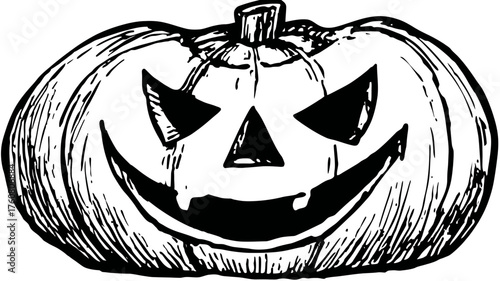 Classic Hand-Drawn Jack-o'-Lantern Illustration with Spooky Carved Face, Halloween Pumpkin Art in Vintage Engraving Style for Autumn