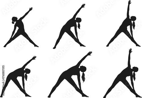 Yoga silhouettes, triangle pose, stretching exercise, fitness illustration, flexibility training, healthy lifestyle, balance posture, meditation practice, wellness vector, body workout