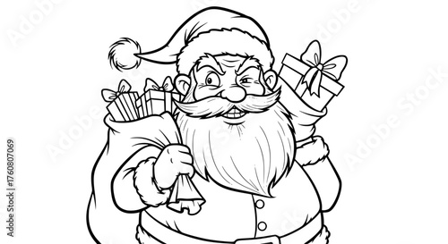 Grumpy Santa Claus With Sack of Gifts and Present